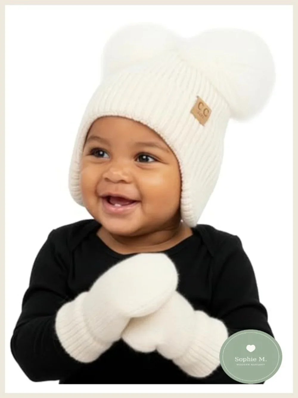 Baby Beanie & Mittens Set - Faux Fur Pom Poms - Infant Winter Hat